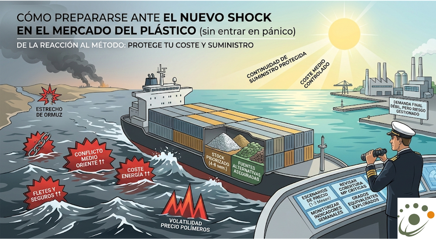 La imagen muestra una ilustración gráfica vibrante y profesional sobre el impacto del conflicto en Oriente Medio en el mercado del plástico. En primer plano, un barco carguero navega con dificultad por aguas turbulentas cerca del Estrecho de Ormuz, representado con olas agitadas y humo de explosiones en el fondo. Flechas rojas destacan subidas en 
