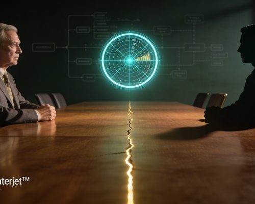 Reunión entre dos generaciones en una empresa familiar enfrentadas en una mesa, con un radar digital simbolizando diagnóstico y toma de decisiones en procesos de sucesión empresarial. Acctua-SC ayuda a empresas familiares en la transición generacional, resuelve red flags y dependencia del fundador, aumenta el valor de venta y optimiza la continuidad empresarial con el Método Waterjet™