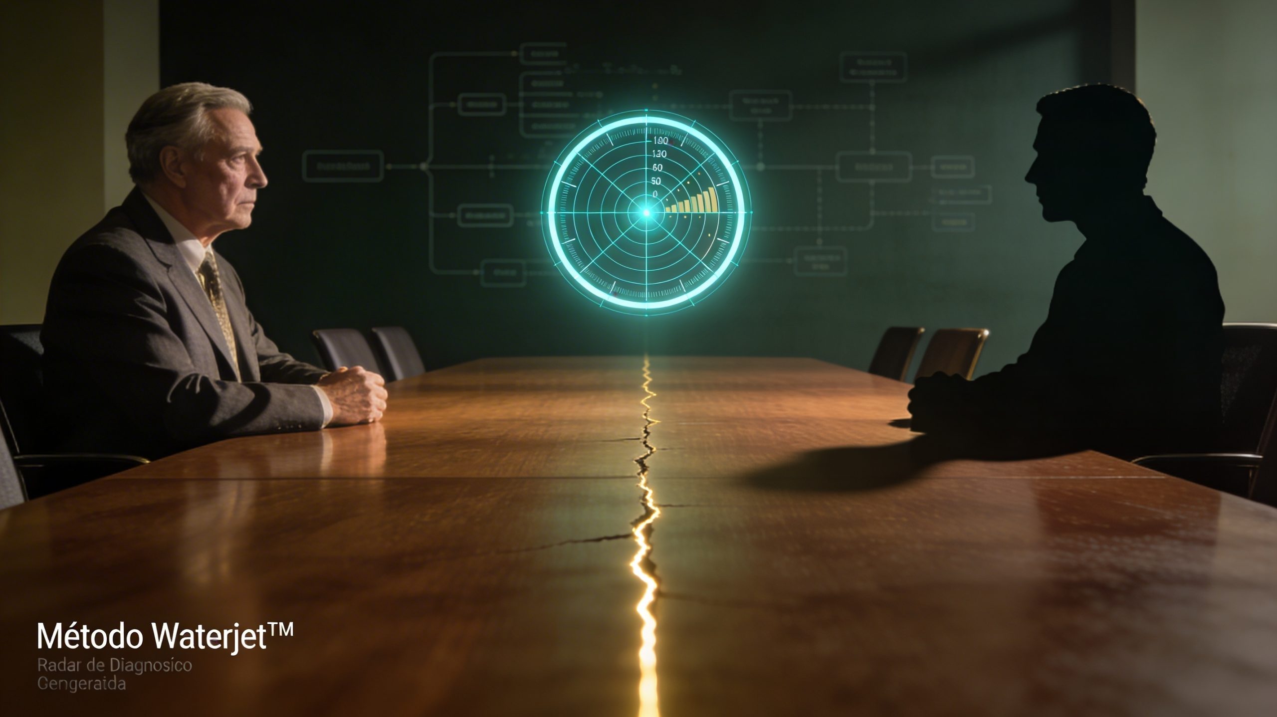 Reunión entre dos generaciones en una empresa familiar enfrentadas en una mesa, con un radar digital simbolizando diagnóstico y toma de decisiones en procesos de sucesión empresarial. Acctua-SC ayuda a empresas familiares en la transición generacional, resuelve red flags y dependencia del fundador, aumenta el valor de venta y optimiza la continuidad empresarial con el Método Waterjet™
